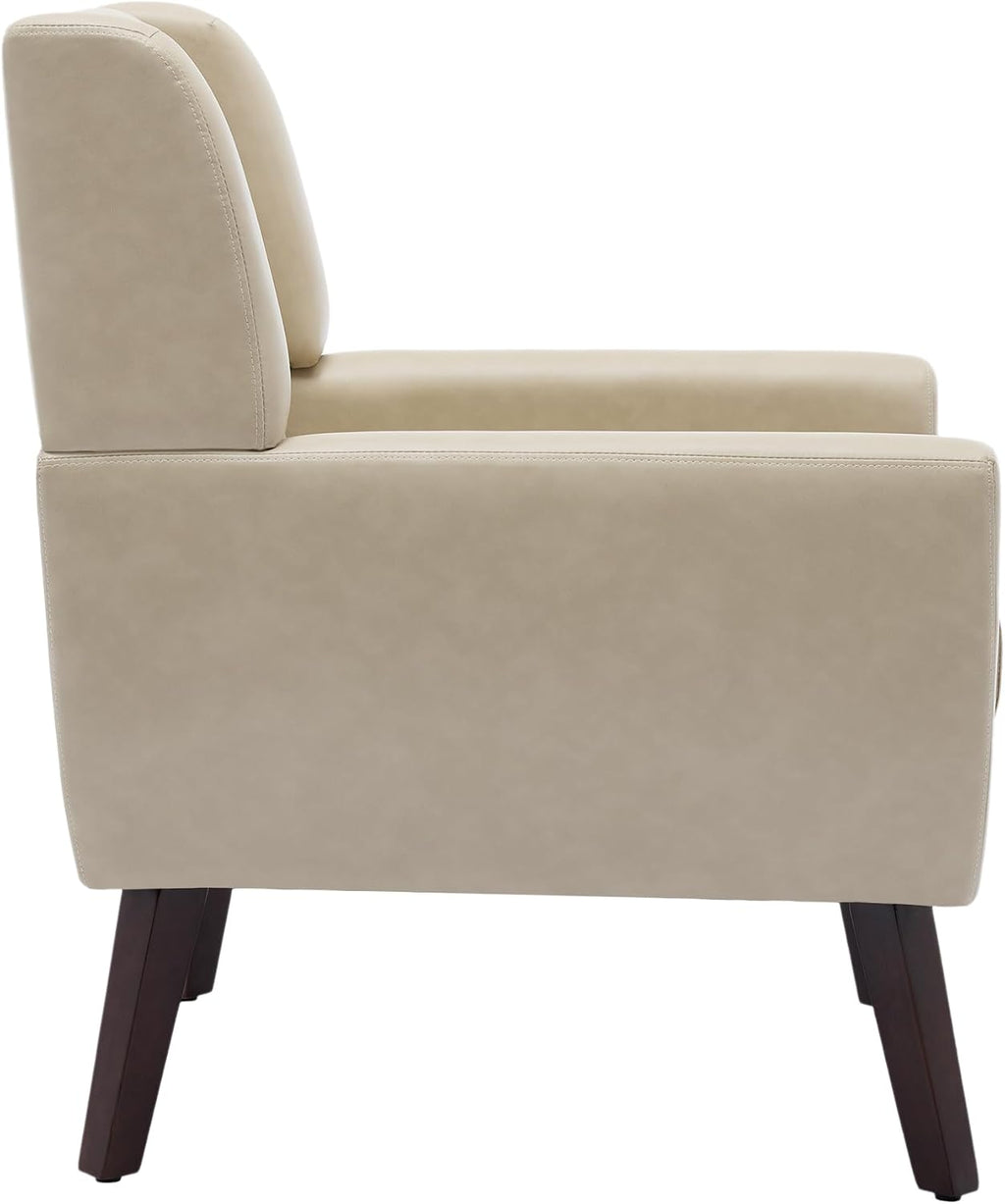PU Leather Accent Chairs Set of 2, Upholstered Armchair, Cream | Mid Century Modern Living Room Chair, Button Tufted Wingback Chair with Removable Cushion, Bedroom Side Reading Seat