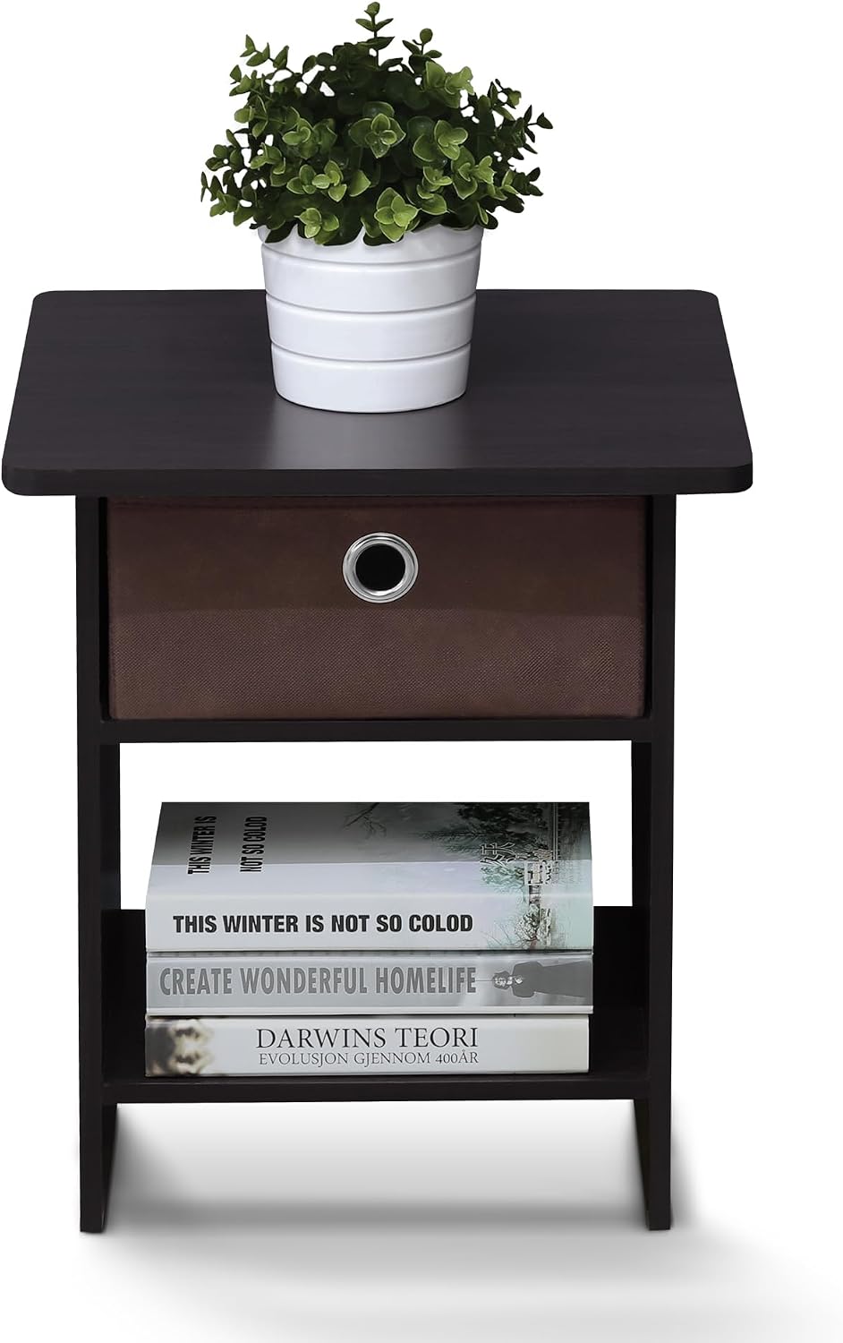 Square End Table with Storage Bin, Bedside Table with Open Back Shelf, Round ...