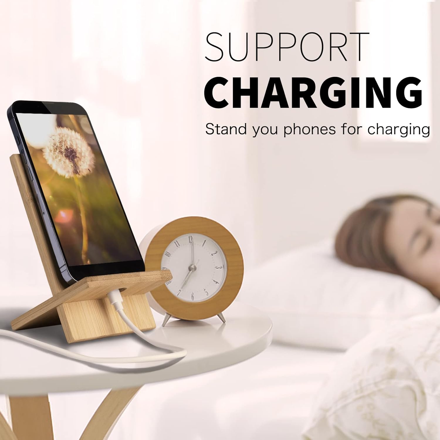 Bamboo Tablet Holder - Adjustable Folding iPad Stand with Charge Port for Desk or Cooking