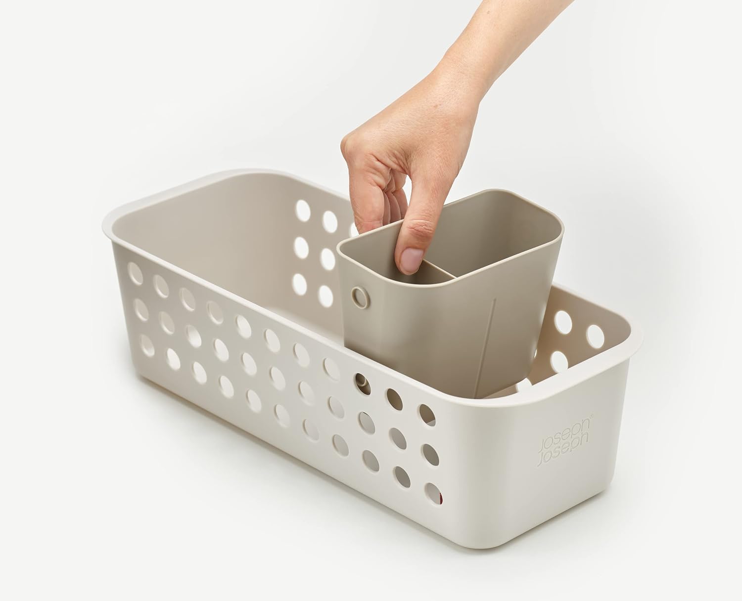 Joseph Joseph EasyStore - Slimline Bathroom essentials Storage Basket Organiser with moveable pot and divider, Ecru (Pack of 2)