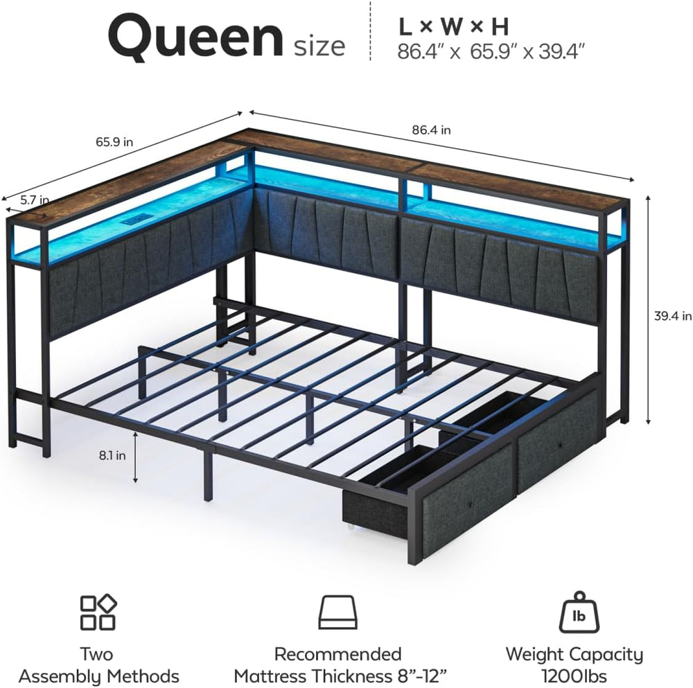 Queen Corner Bed Frame with Storage Drawers, Modern Daybed with LED Lights an...