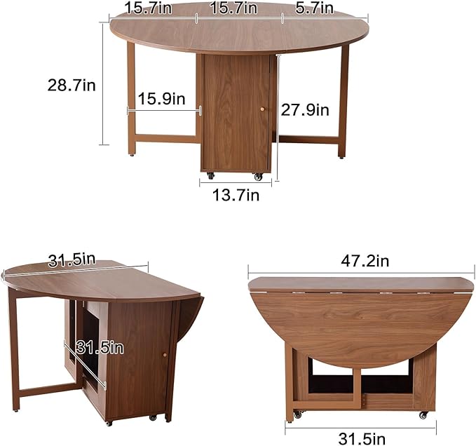 Walnut Round Folding Dining Table with 2 Chairs, Walnut Solid Wood Folding Chair Set of 2, Space Saving Foldable Dining Table with 2 Chairs