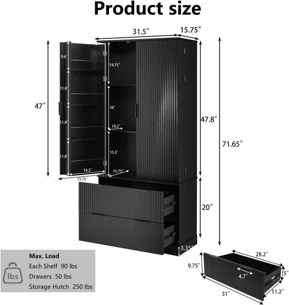 72" Modern Fluted Kitchen Pantry Cabinet with 2 Large Drawers & 8-Do...