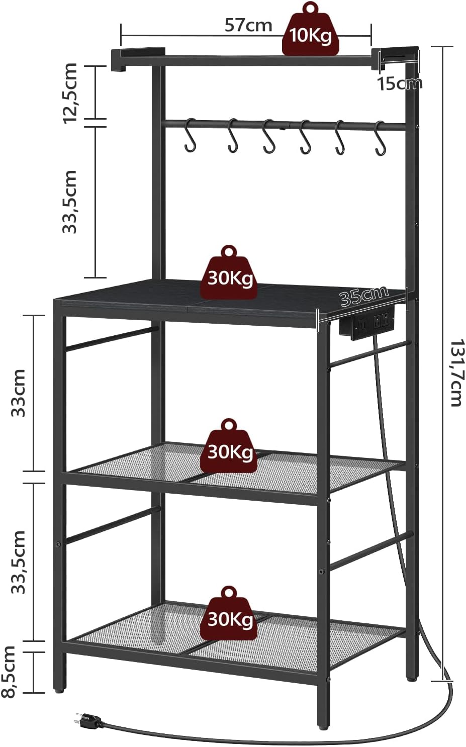 MAHANCRIS Bakers Rack with Power Outlet, Kitchen Storage Shelf with 6 Hooks, Microwave Stand with Storage, 4-Tier Coffee Bar Station, for Kitchen, Dining Room, Black BRBK35E01