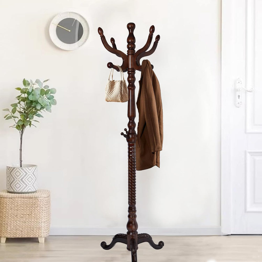 Wooden Coat Rack Freestanding, Hall Tree Hanger With Resin Hooks, Adjustable ...