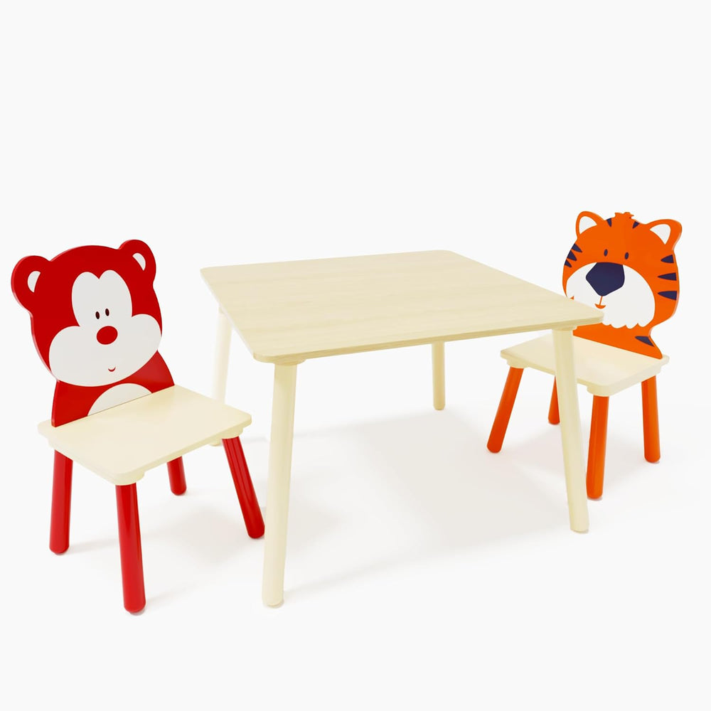 3 Pieces Table and Chair Set, Tiger & Bear Pattern Activity Play Set with...