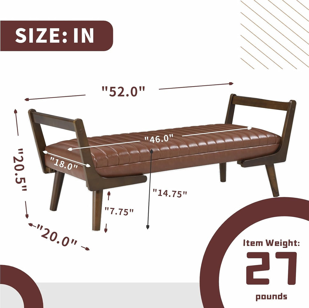 52" Upholstered Bench, Brown Faux Leather, Walnut Legs | Mid-century modern ottoman with high-resilience foam, sturdy wood frame. Ideal for bedroom end of bed, entryway, living room