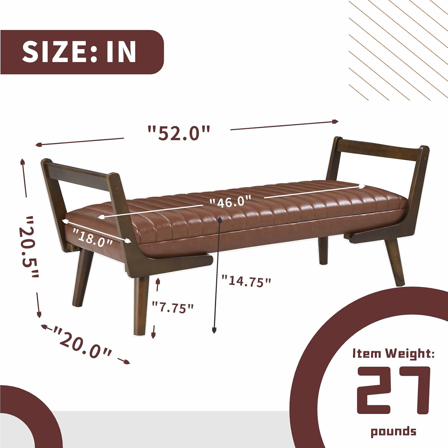 52" Upholstered Bench, Brown Faux Leather, Walnut Legs | Mid-century modern ottoman with high-resilience foam, sturdy wood frame. Ideal for bedroom end of bed, entryway, living room