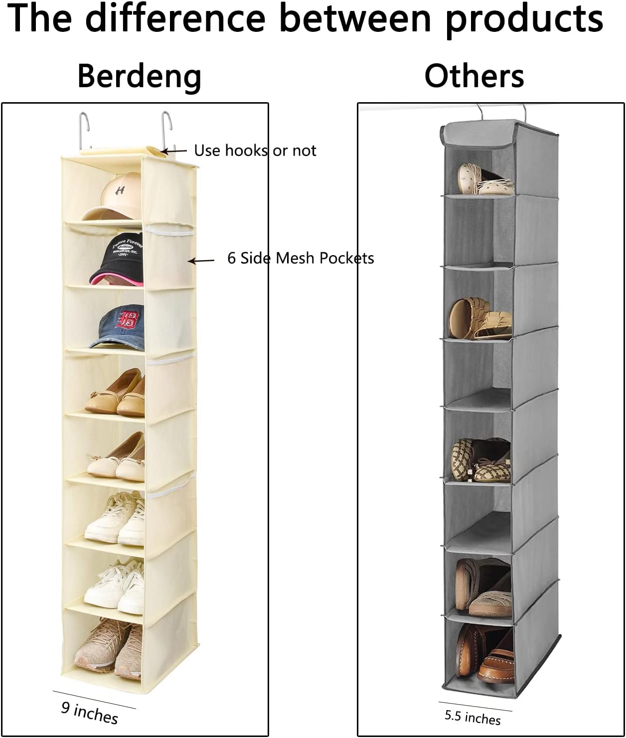 Berdeng Hanging Shoe Organizer for Closet with Side Mesh Pockets，Hat Racks for Baseball Caps，Shoe and Hat Holder & Storage，8-Shelf，Beige，1 Pack