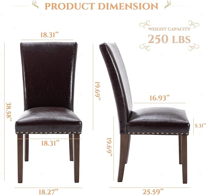 Parsons Dining Chairs Set of 2, Upholstered Nailhead PU Leather Dining Room Kitchen Side Chair with Thick Cushions and Wood Legs, Dark Brown