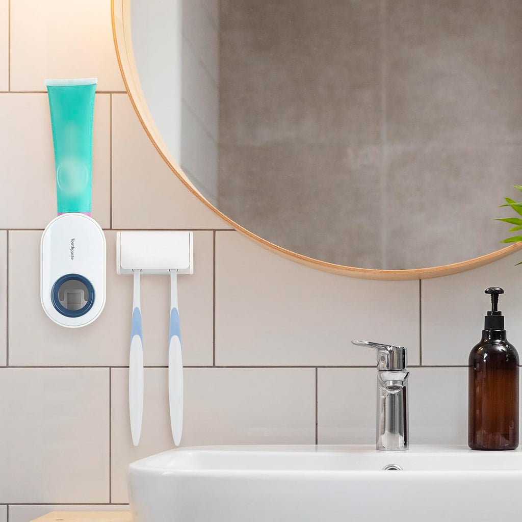 Toothbrush Holder Wall Mounted with Cover for Bathroom, 2 Slots Toothbrush Storage Organizer for Shower, Self Adhesive Toothbrush Hanger with Automatic Toothpaste Squeezer Dispenser