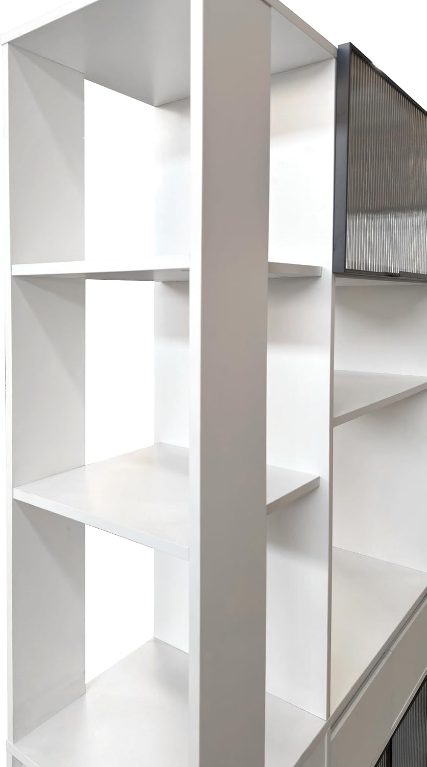 Modern 70.87" Tall Storage Cabinet with 5 Drawers, Glass Doors and Displ...