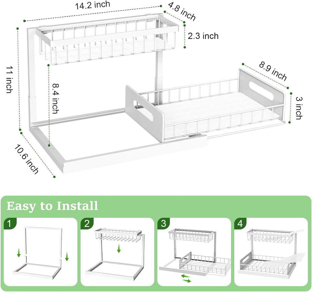 REALINN Under Sink Organizer, Pull Out Cabinet Organizer 2 Tier Slide Out Sink Shelf Cabinet Storage Shelves, Storage for Kitchen Bathroom, White, 2 Pack