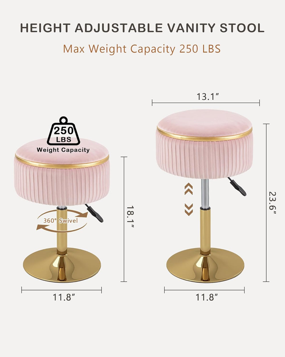 LITZFUR Adjustable Vanity Stool with Storage, 360° Swivel Gold Chair, Velvet ...