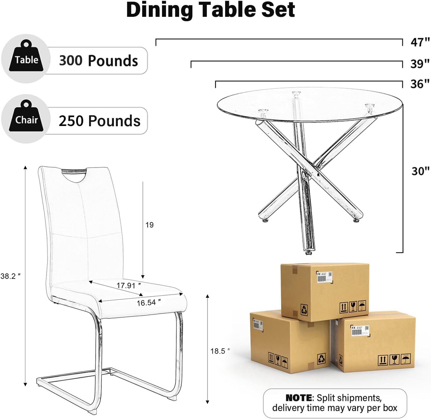 Modern Luxury Round Glass Dining Set for 6, 7 Pieces Clear Circle Glass Kitchen Table with Beige Faux Leather Chairs Set, 47'' Minimalist Circular Dinner Room Set, for Large Place (Silver)