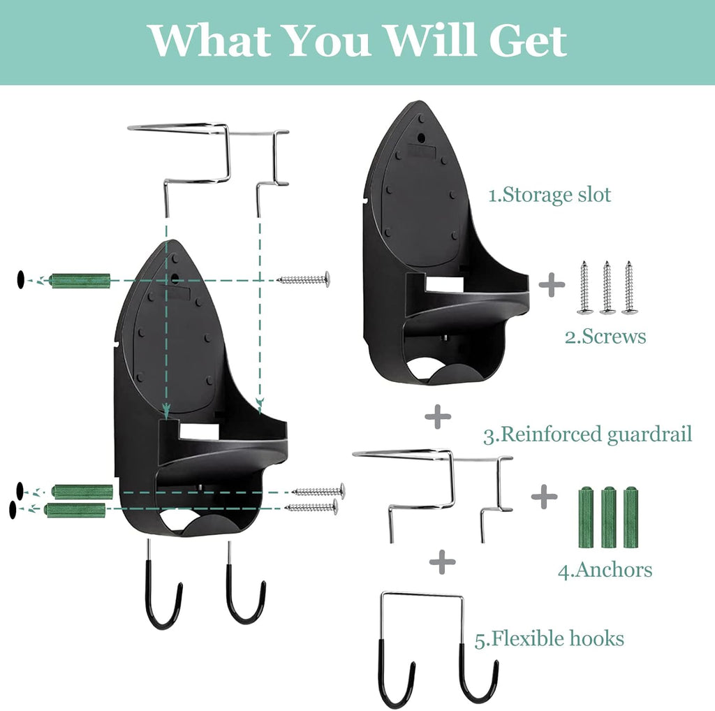 Ironing Board Hanger Wall Mount Electric Iron Holder Iron and Ironing Board Storage Organizer Shelf with Removable Hooks for Household Bathroom Laundry Room (Black)