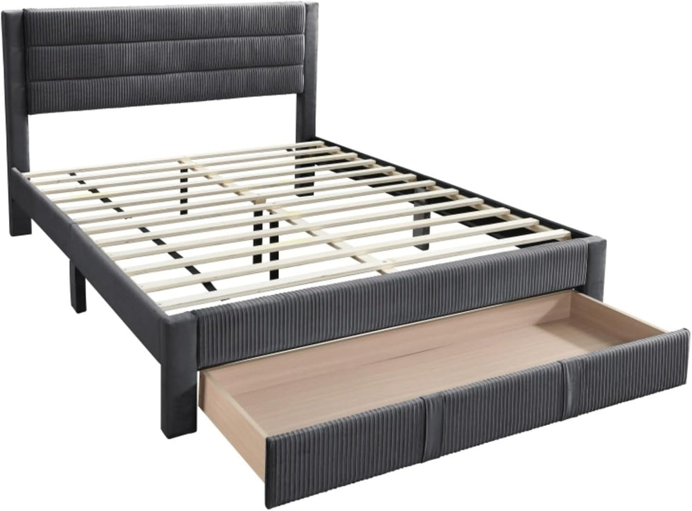 Corduroy Upholstered Platform Bed Frame with Horizontal Channel Tufting Woode...