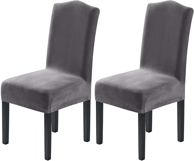 H.VERSAILTEX Velvet Dining Chair Covers Stretch Chair Covers for Dining Room Set of 2 Parson Chair Slipcovers Chair Protectors Covers Dining, Soft Thick Solid Velvet Fabric Washable,Grey