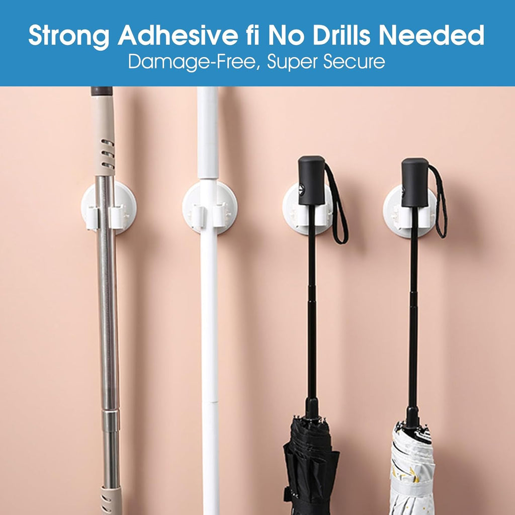 Broom and Mop Holder Wall Mount - 3 Pack Self Adhesive Mop and Broom Organizer - No Drill Heavy Duty Gripper Hooks for Kitchen Bathroom Garage Storage - Space Saving, Waterproof, White