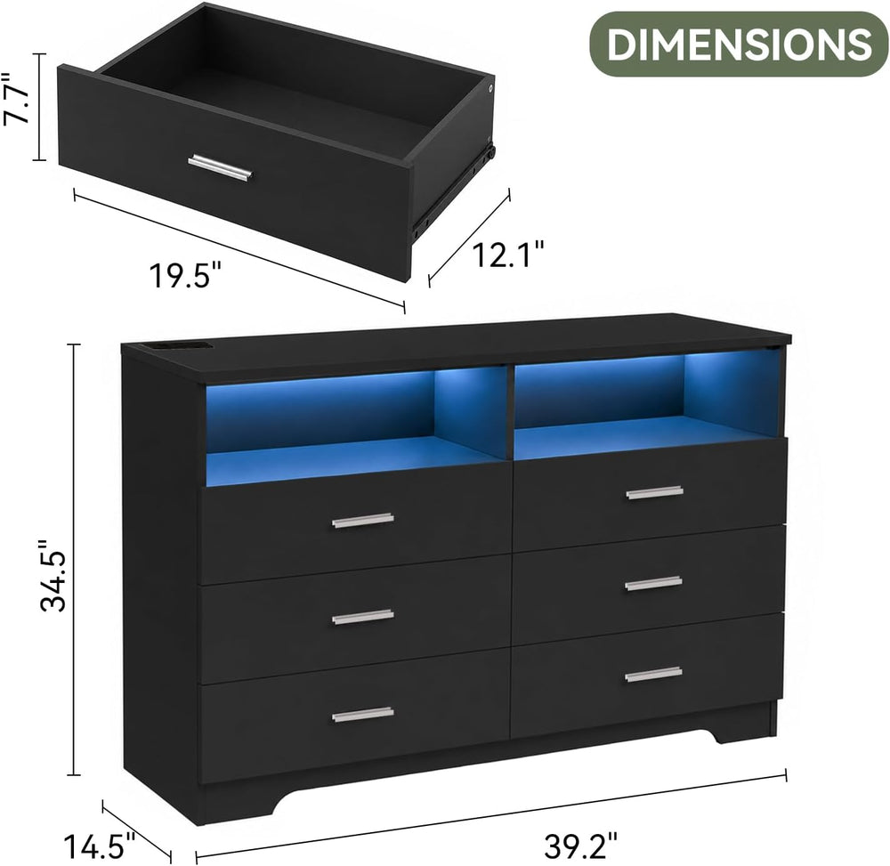 GEPELCN 6 Drawer Dresser with Power Outlets and LED Wooden Chest of Drawers w...
