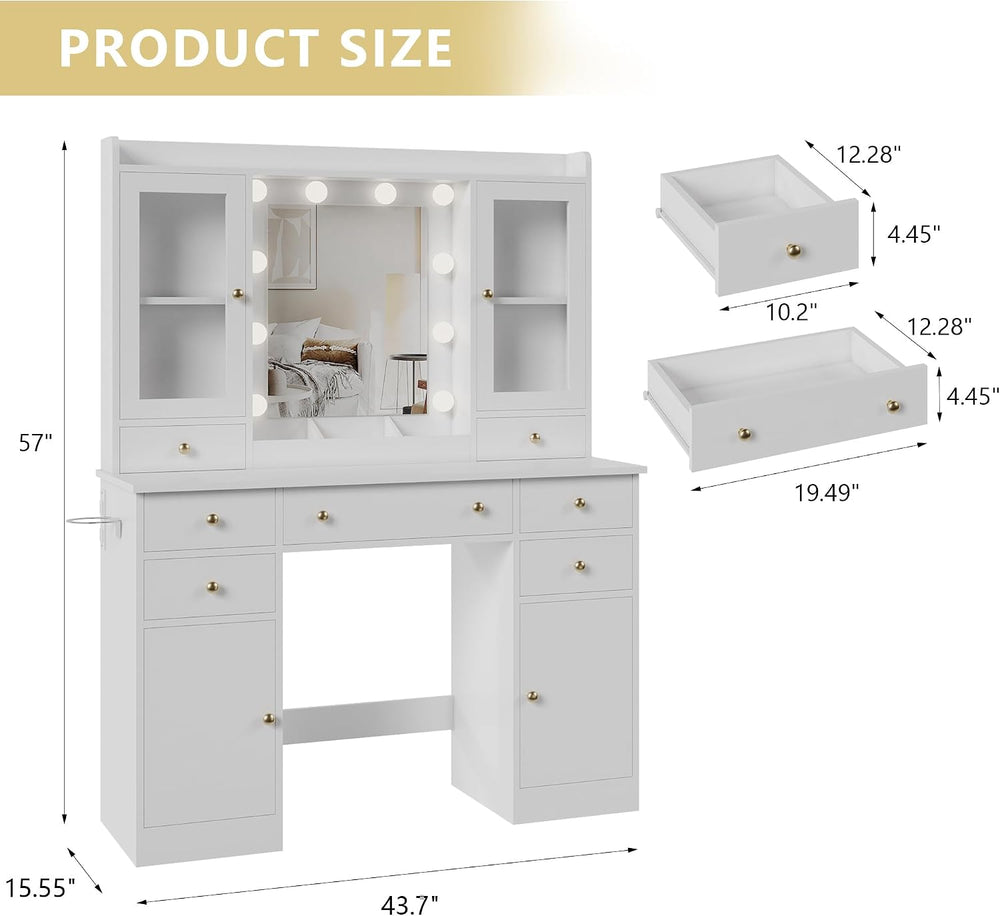 Xixini 44" Vanity Desk with Mirror & Lights, Glass Storage Cabinets,...