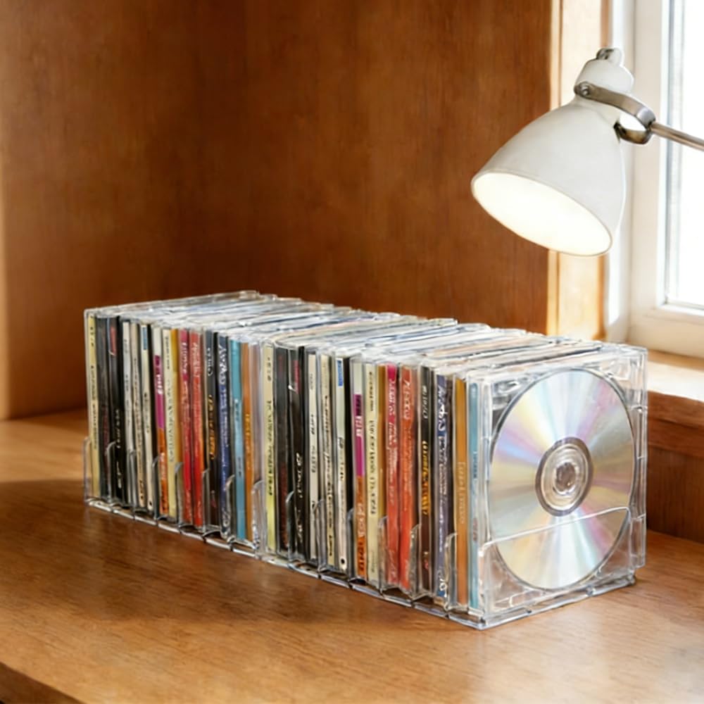 2 Pack Clear Acrylic CD Holder: CD Organizer & DVD/CD Rack - Vinyl Record Storage Holds up to 28 Standard CD Cases, CD Display Shelf for Media Music Collection and Desktop Storage