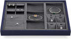 Dark Blue Jewelry Display Tray Ring Necklace Earring Bangle Organizer Multifunctional Storage Case for Jewelry Showcase (Long 3 Grids Tray)