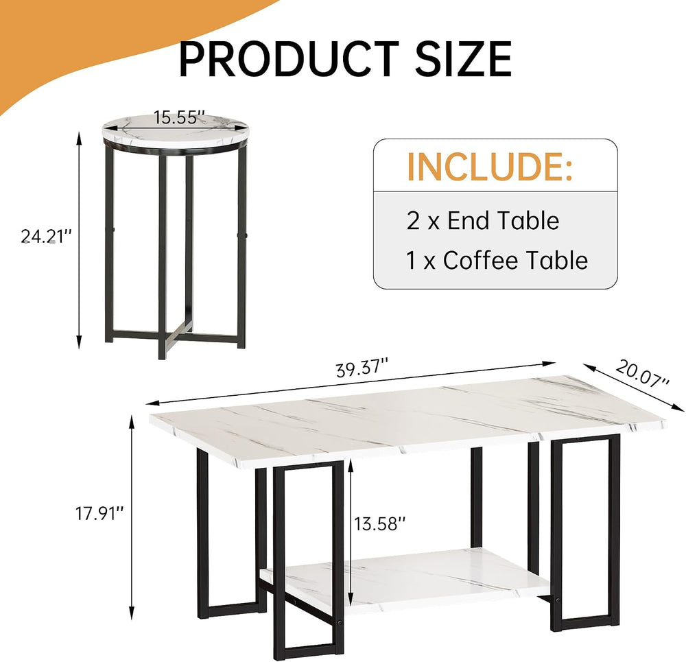 Lamerge 3 Pieces Living Room Table Set, Faux Marble Coffee Table with 2 Round...