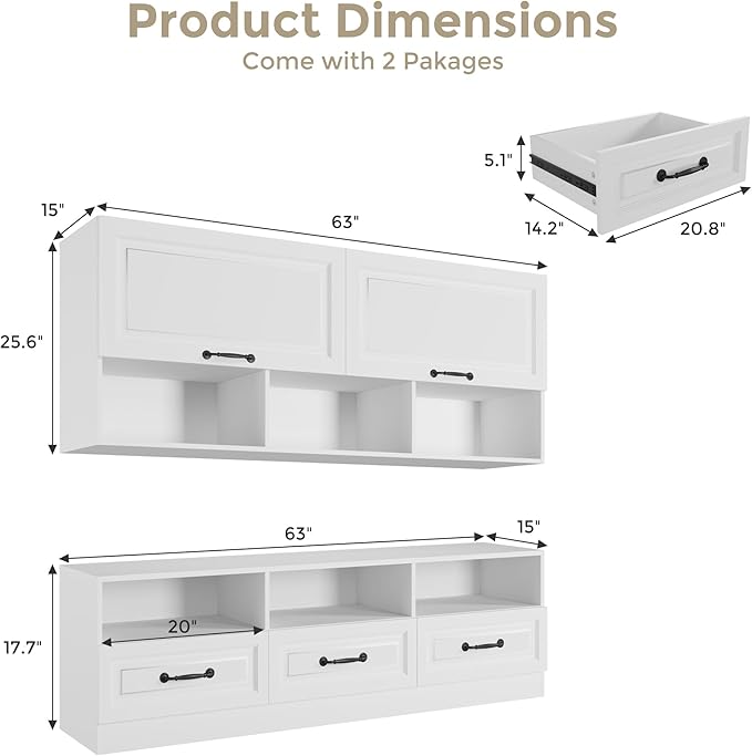 2 Piece Entertainment Center with Storage, Includes 70" TV Stand with Shelves & Drawes, Wall Display Cabinet, Modern TV Console for Living Room, White (Modern White)