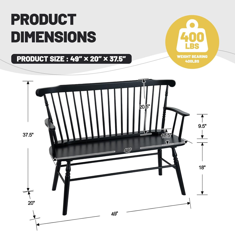 Windsor Dining Bench Entryway Bench, Black | Spindle Back, with Armrest, Stur...