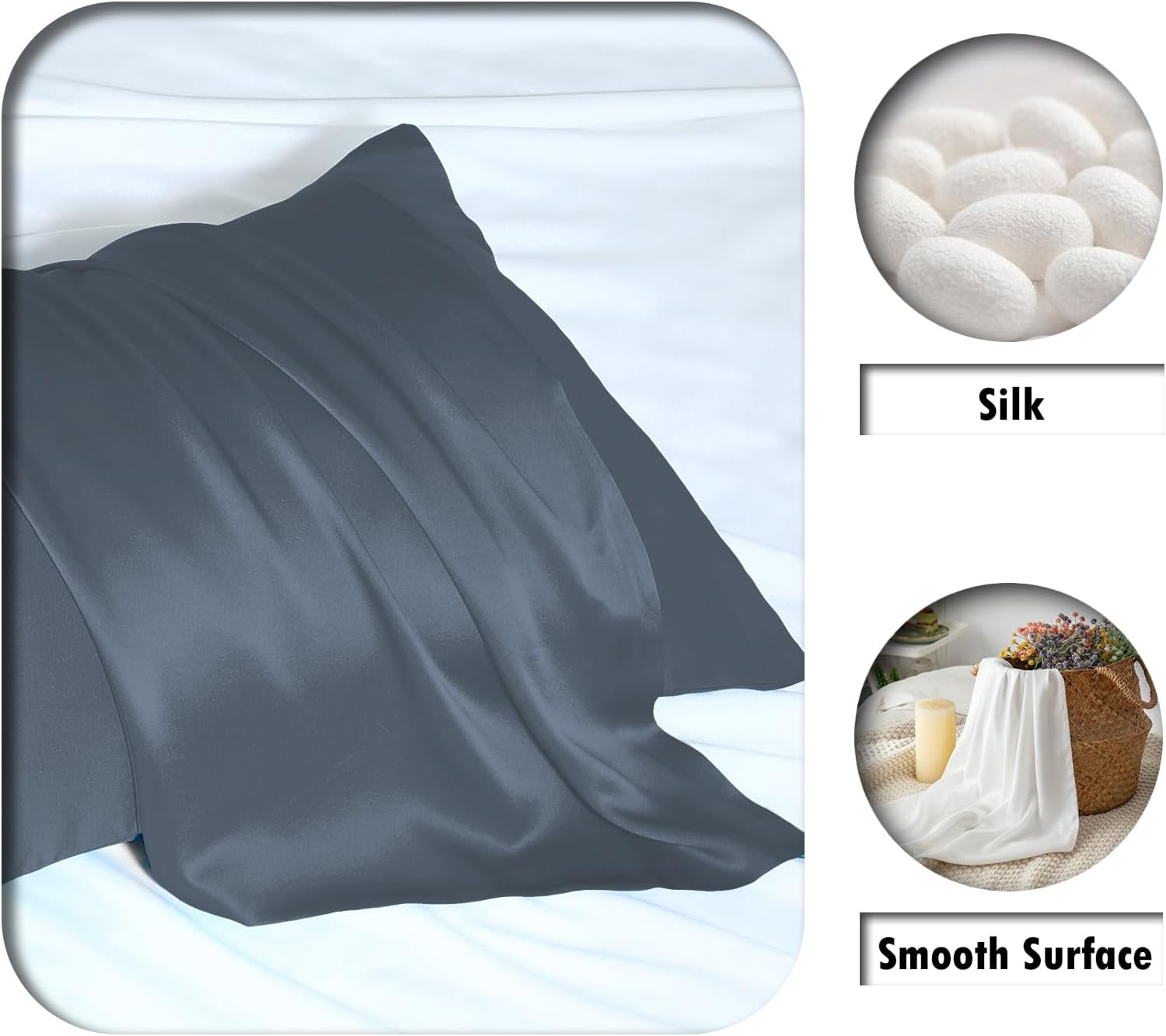 Mulberry Silk Pillow Cases for Hair and Skin Queen Size Silk Pillowcase with Zipper Soft Breathable Smooth Cooling Satin Silk Pillow Covers for Sleeping (Space Grey,20"X 30",1Pcs)