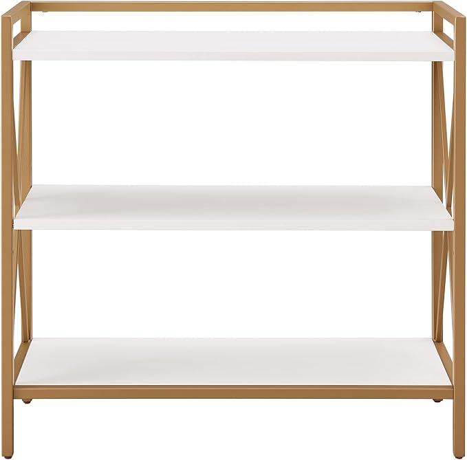 Leick Home Claudette Bookshelf, White Wood, Satin Gold, 3 Shelves, Easy Assembly, 12 in D x 32 in W x 32.25 in H, Item 9261-WTGL