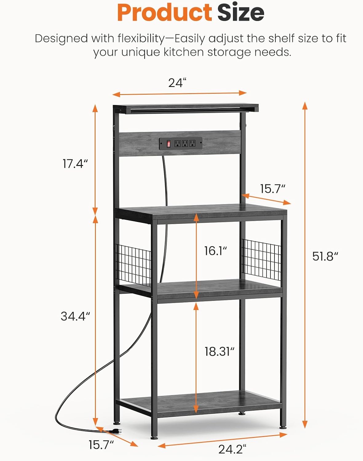 Sweetcrispy Kitchen Bakers Rack with Power Outlet, 24" Microwave Oven Stand with Adjustable Storage Shelf for Kitchen Organization, Coffee Bar Station, Small Apartment, Counter Space Saving, Grey