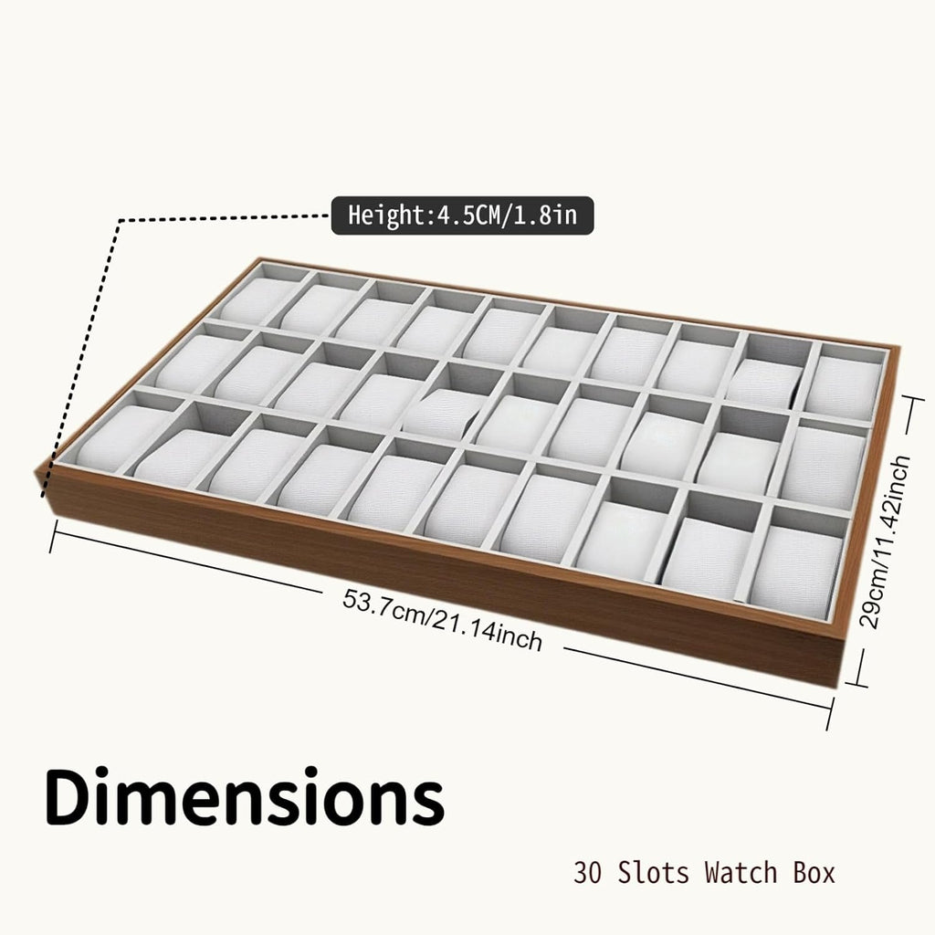 Wooden Watch & Jewelry Tray Organizer - 24/30 Grid Display Holder with Removable Pillow for Men & Women's Storage (30 Grid)