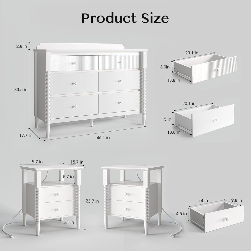 3 Piece Bedroom Set, Vintage 6 Drawer Dresser and Nightstand Sets for Bedroom, Night Stand Set 2 & Kids Dresser with Solid Wood Legs, Chest of Drawers Storage Cabinet Set, White