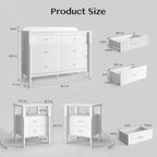 3 Piece Bedroom Set, Vintage 6 Drawer Dresser and Nightstand Sets for Bedroom, Night Stand Set 2 & Kids Dresser with Solid Wood Legs, Chest of Drawers Storage Cabinet Set, White