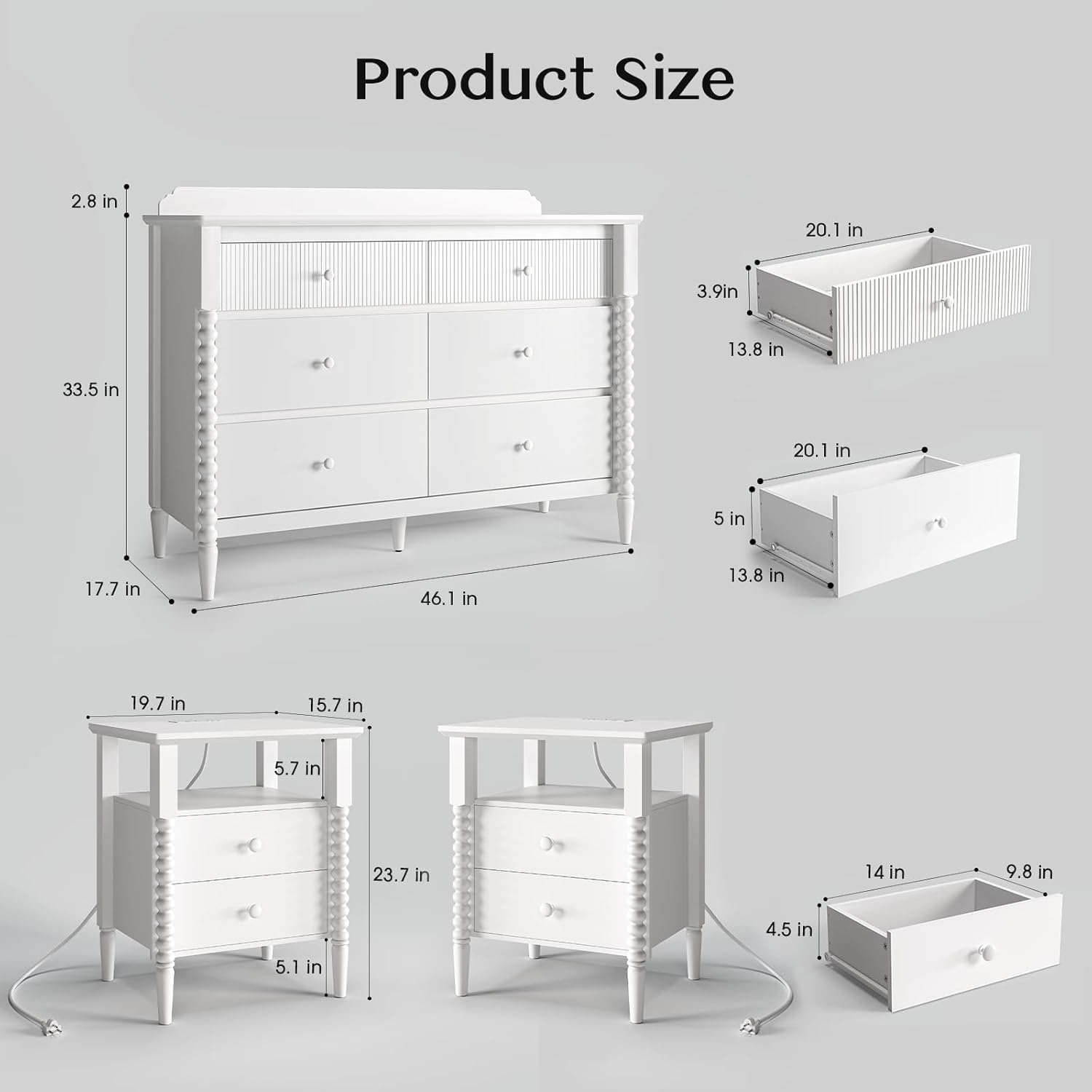 3 Piece Bedroom Set, Vintage 6 Drawer Dresser and Nightstand Sets for Bedroom, Night Stand Set 2 & Kids Dresser with Solid Wood Legs, Chest of Drawers Storage Cabinet Set, White