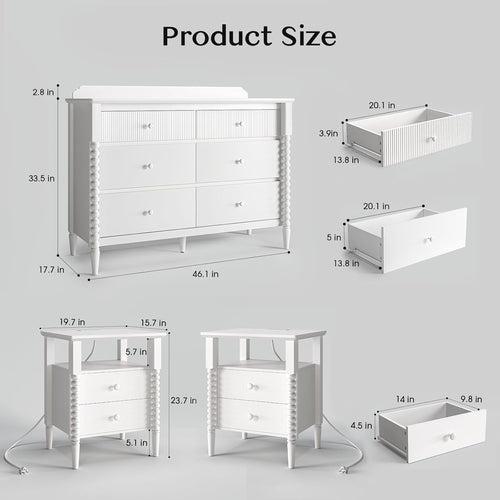 3 Piece Bedroom Set, Vintage 6 Drawer Dresser and Nightstand Sets for Bedroom, Night Stand Set 2 & Kids Dresser with Solid Wood Legs, Chest of Drawers Storage Cabinet Set, White