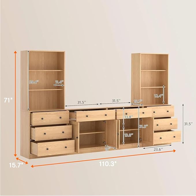 TUSY 71" Large TV Stand Set - TV Entertainment Center for TVs up to 65", Media Center with Tempered Glass Doors and Drawer, TV Hutch with Bookshelves for Living Room (Wood, BEEB)