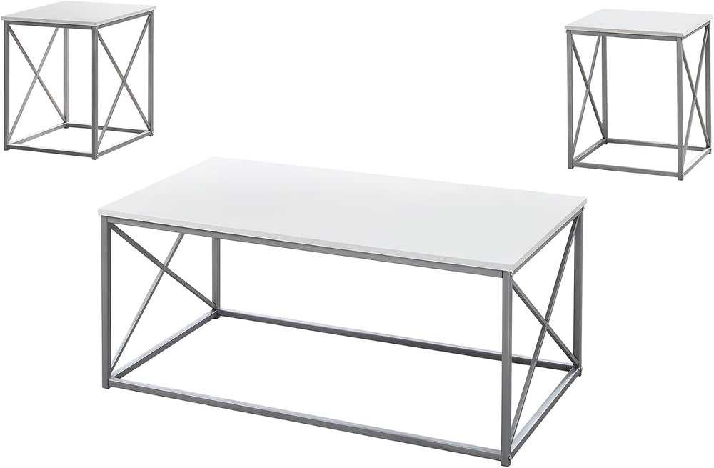 3pc Table Set, Coffee, End, Side Tables, White Laminate, Grey Metal, Modern |...