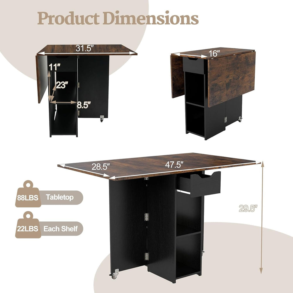 GOFLAME Drop Leaf Dining Table for 2-4, Folding Kitchen Table with Open Shelv...