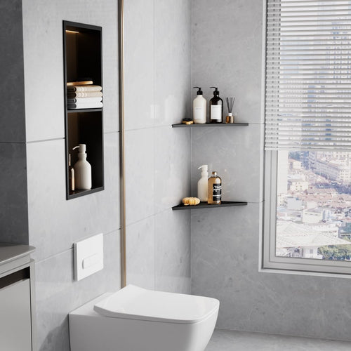 10 Inch No Drilling Corner Shower Shelf Matte Black– 2-Pack Wall Mounted Bathroom Shelves for Inside Shower, Triangular Recessed Shower Caddy, Stainless Steel Shower Organizer for Tiled Walls