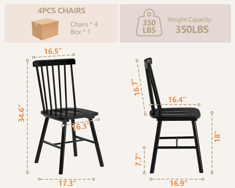 PrimeZone Windsor Dining Chairs Set of 4 with Spindle Back, Black | Solid Rub...
