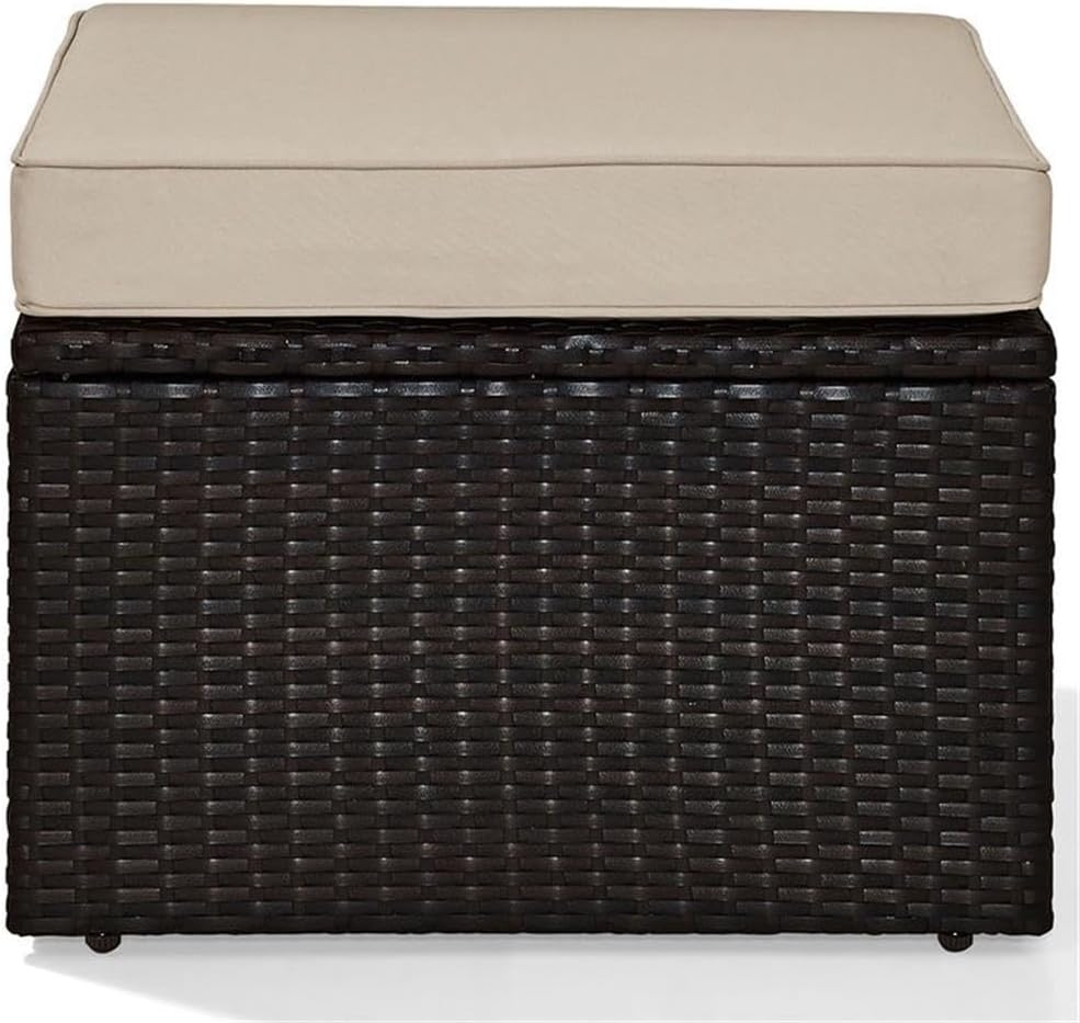 Pemberly Row Wicker Patio Ottoman, Brown Finish with Sand Cushions, Resin Wic...