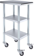 AmGood Stainless Steel Work Table with 2 Shelves and Casters | Metal Utility Table On Wheels (Stainless Steel Work Table with 2 Shelves + Casters, 15" Long x 24" Deep)