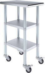 AmGood Stainless Steel Work Table with 2 Shelves and Casters | Metal Utility Table On Wheels (Stainless Steel Work Table with 2 Shelves + Casters, 15" Long x 24" Deep)