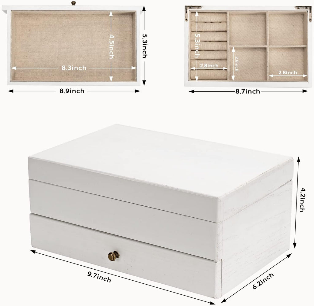Meangood Jewelry Box Organizer for Women, 2 Layer Large Jewelry Storage Case, Rustic Wooden Jewelry Box with Mirror & Ring Tray for Necklace Earring Bracelets Rings, Vintage Style (White)