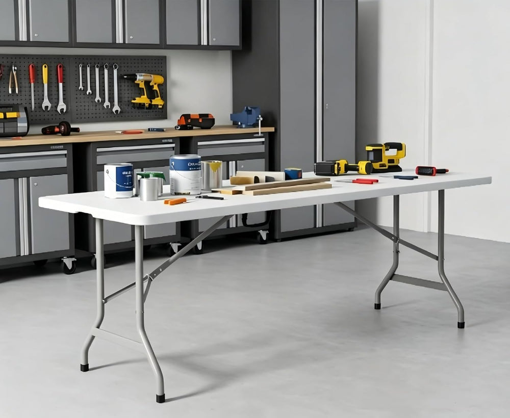 Folding Table 8ft, Heavy Duty Foldable Plastic 8 Foot Banquet Table | White H...