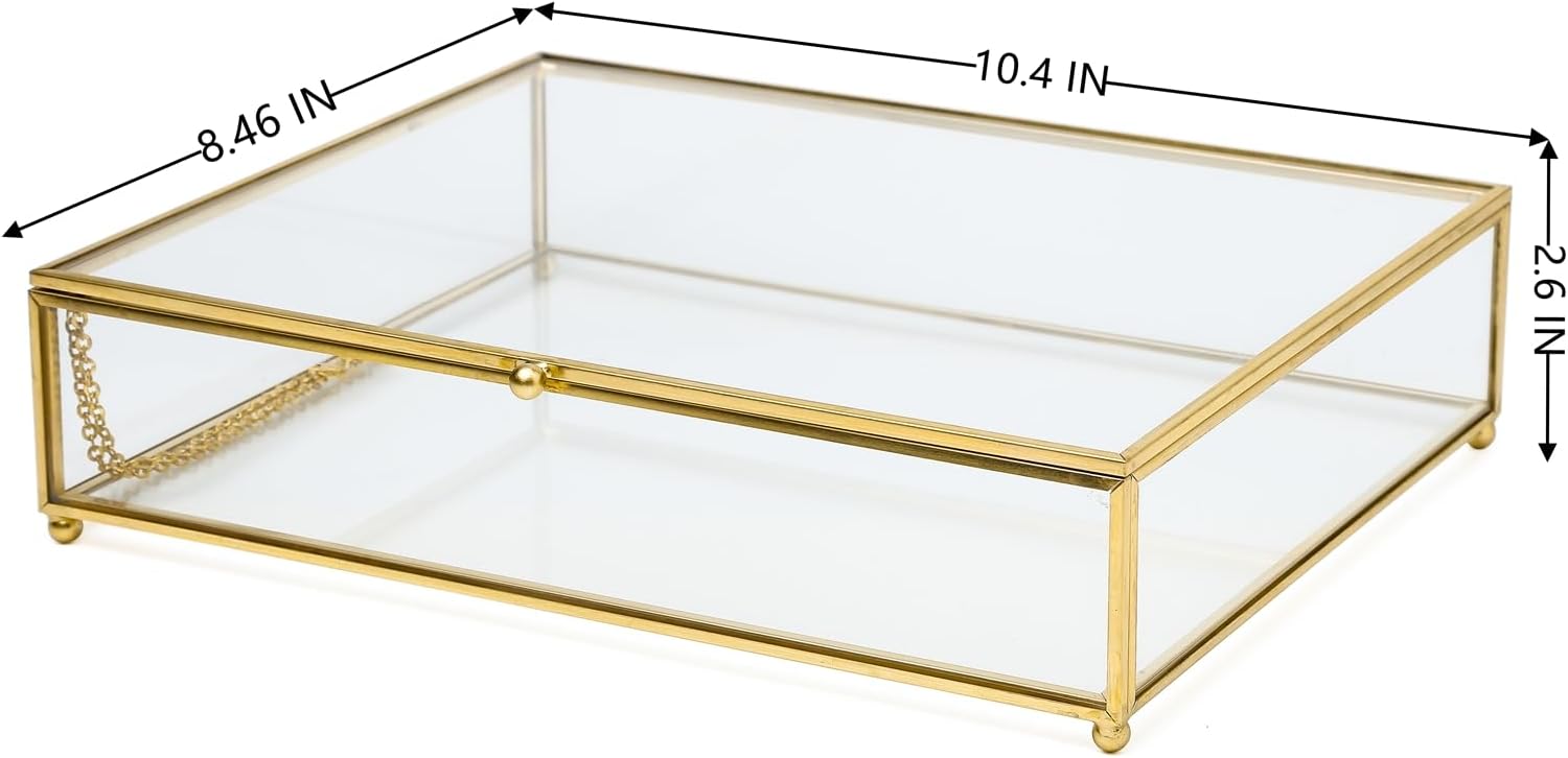 Vintage Glass Jewelry Box Keepsake Box with Hinged Lid, Clear Rectangle Storage Box Great for Storage Trinket/Jewelry/Card/Photo,Gift for Birthday Wedding-GCB009-Large