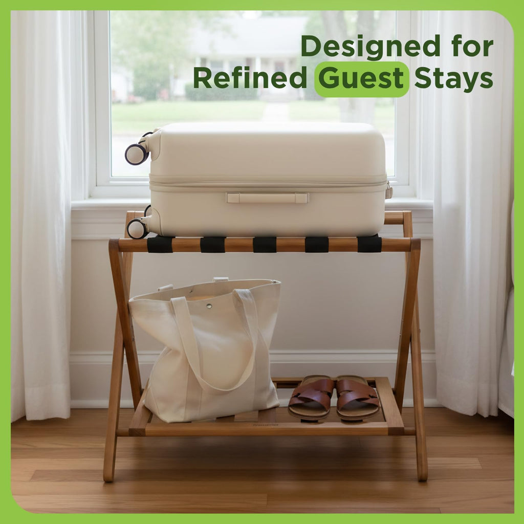 Set of 2 Premium Solid Teak Wood Luggage Racks with Shelf, 25" Foldable Suitcase Stands for Hotel, Airbnb & Resort | Heavy-Duty Hardwood Build, Holds 176 lbs Each, Reinforced Woven Straps